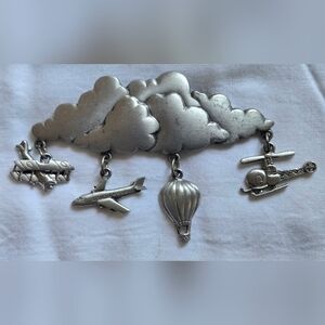 Vintage Signed JJ Jonette Brooch Cloud w/ Aviation Charms Pewter
